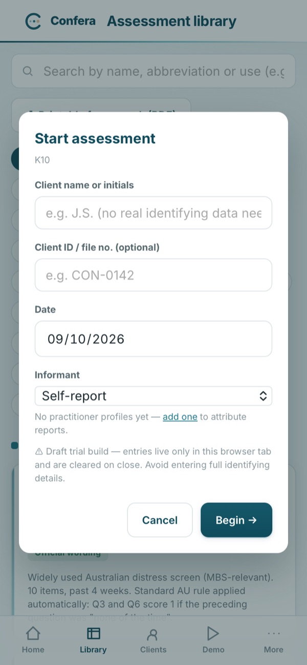 Confera: starting a K10 assessment, with the no-identifying-data notice