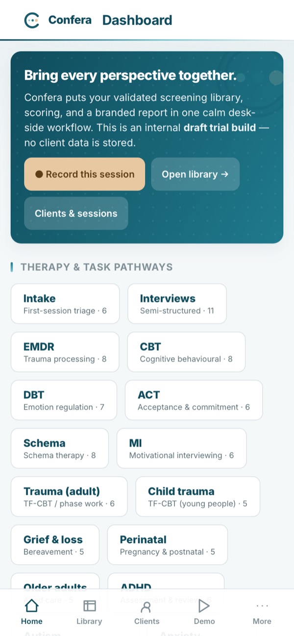 Confera dashboard: therapy and task pathways